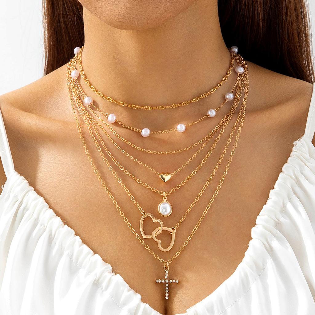 Élégant collier perle imitation femme, croix strass colorés multicouche avec collier en forme de Y