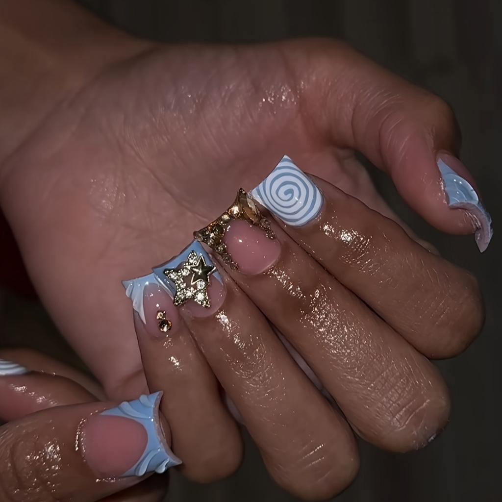 24Pcs Y2K Punk Short Duck Shaped Press On Nails Rose Pink Black French Tips With Diamond Star Flower Decor Fake Nails