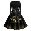 Women's Vintage Classic Dress Long Sleeve 2024 New Year Printed Ound Neck Swing Dress