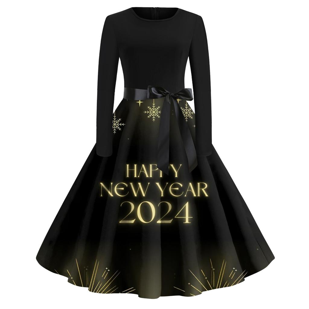 Women's Vintage Classic Dress Long Sleeve 2024 New Year Printed Ound Neck Swing Dress