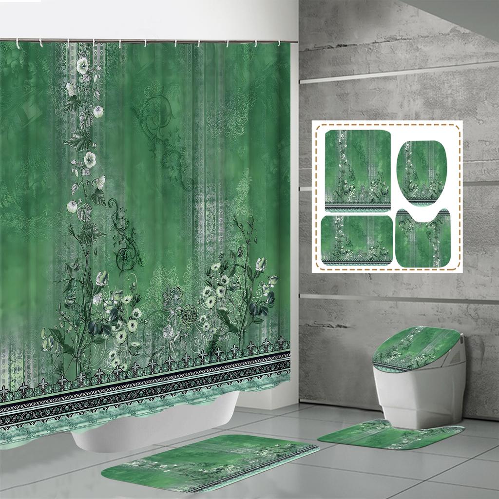 4PCS  Shower Curtain Sets With Shower Curtain And Rugs Toilet Lid Rug U Shape Mat And Bath Mat Bathroom Set  With 12 Hooks