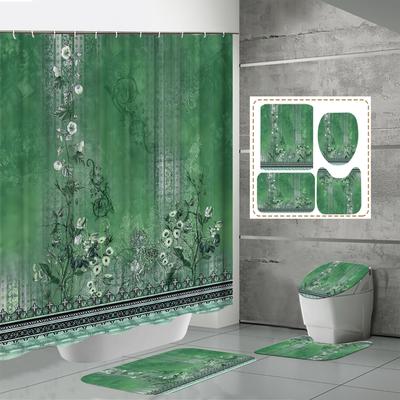 4PCS  Shower Curtain Sets With Shower Curtain And Rugs Toilet Lid Rug U Shape Mat And Bath Mat Bathroom Set  With 12 Hooks