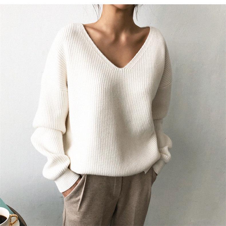 Women's Solid Color V-neck Knit Pullover Sweater - 2026 Autumn/Winter Loose Fit, Lazy Style