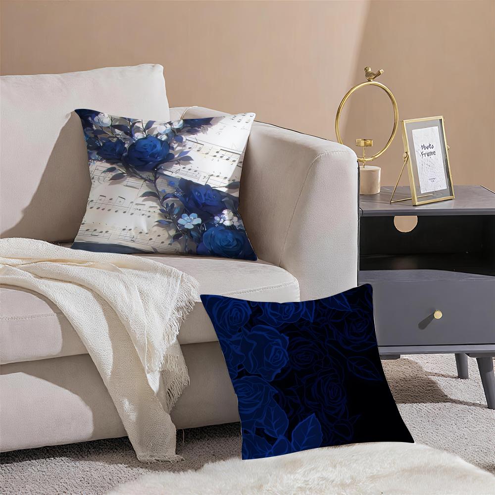 Blue Rose Cushion Cover Linen Pillow Case Soft Breathable Protective Couch Room Decoration