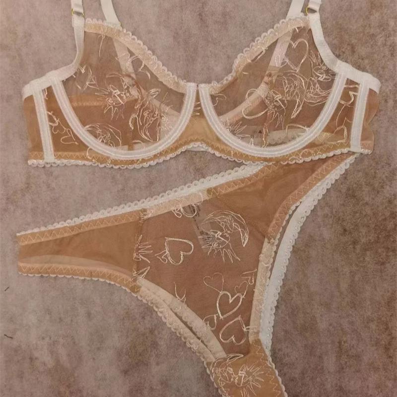 Set de lenjerie de corp cu broderie din dantelă franțuzească pentru femei Set sutien push up ultrasubțire și respirabil Lenjerie de lux Sutien și tanga romantice
