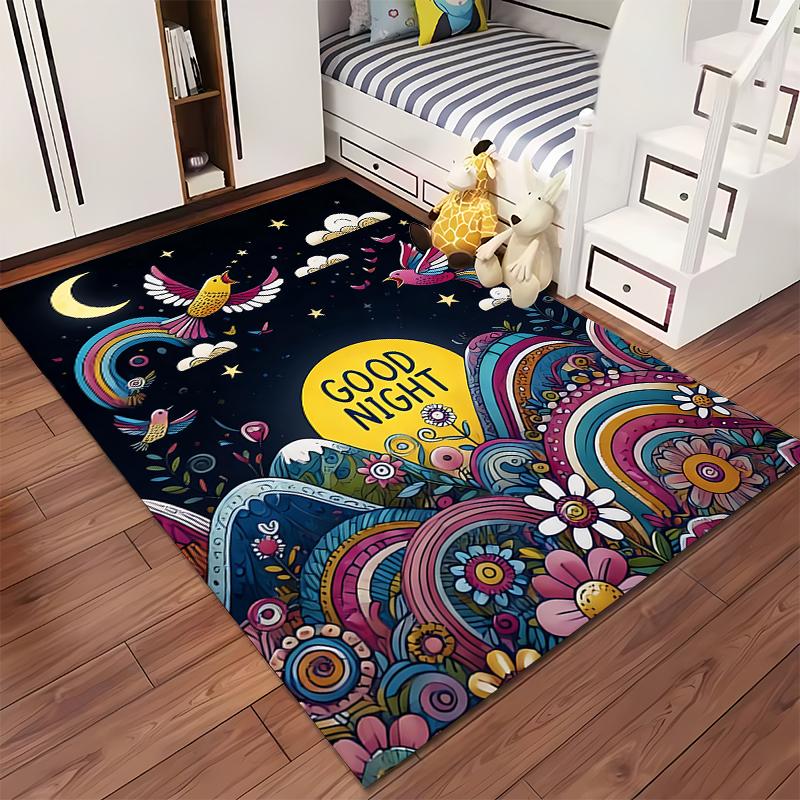 Colorful Night Sky Carpet with "Good Night" Moon and Birds Pattern Suitable for Use As an Anti-slip for Living Room Bedroom Sofas