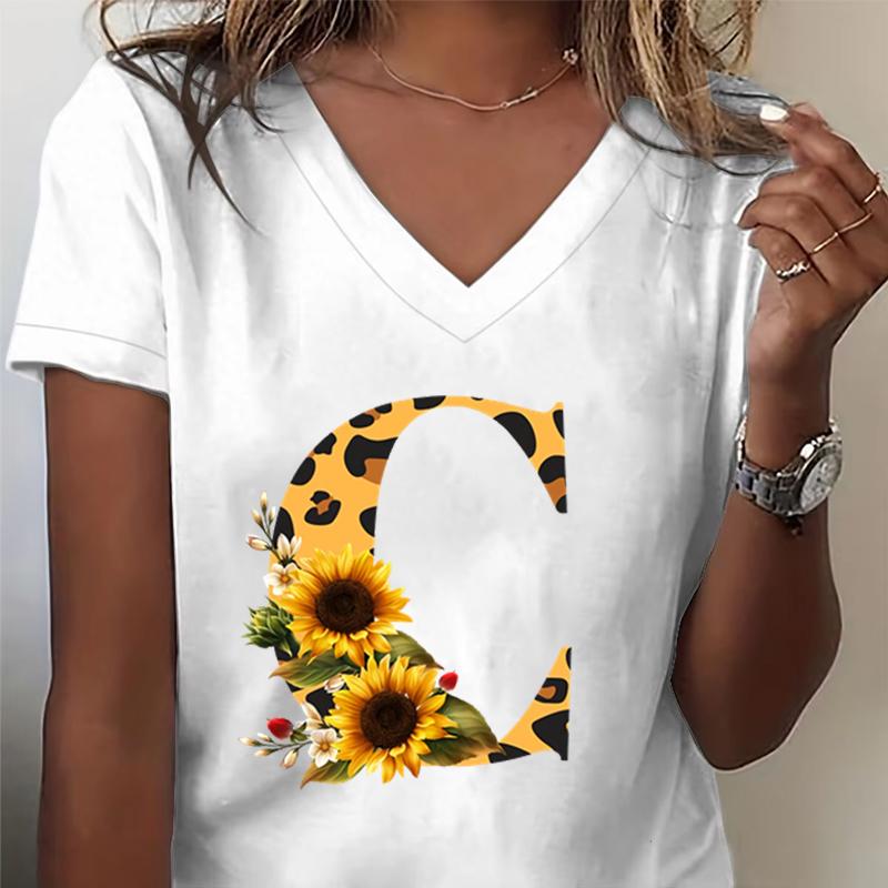Unisexs Vneck Tshirt Sunflower Leopard Print Letter R Graphic Tee Watercolor Flower Leopard Print Tshirts Az 26 Alphabet Top