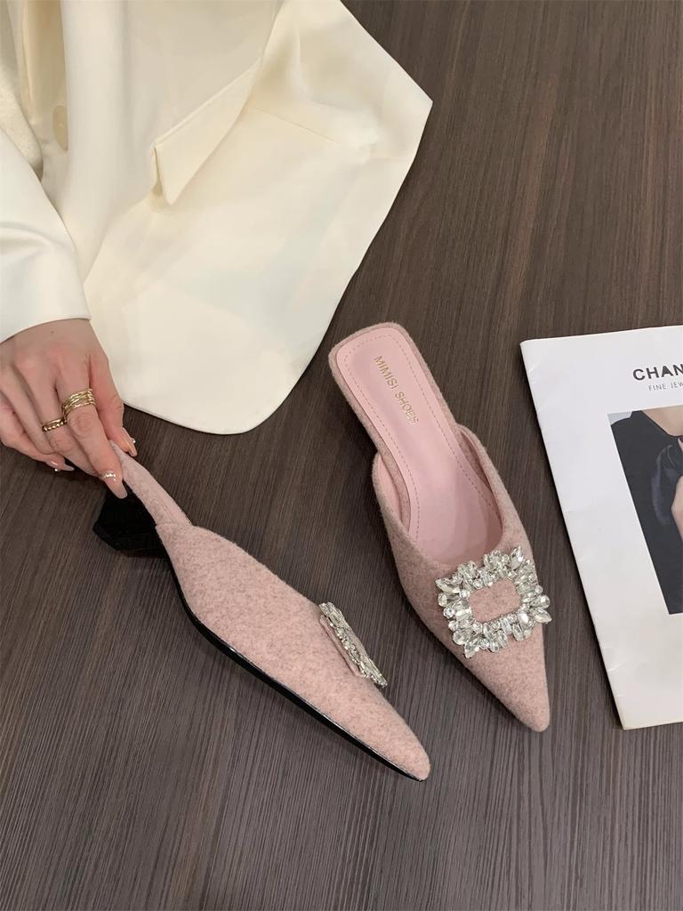 Aphixta Sexy Med Heels Elegant Women Slides Pointed Toe Summer Dress Slides Luxury Crystal Grey Low Heel Slipper Shoes