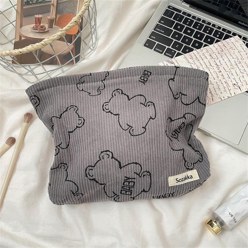 

Cartoon Cute Bear Corduroy Cosmetic Bag Large Capacity Travel Portable Girly Makeup Bag Storage Bag Toiletry Bag Clutch Bag Gift серый