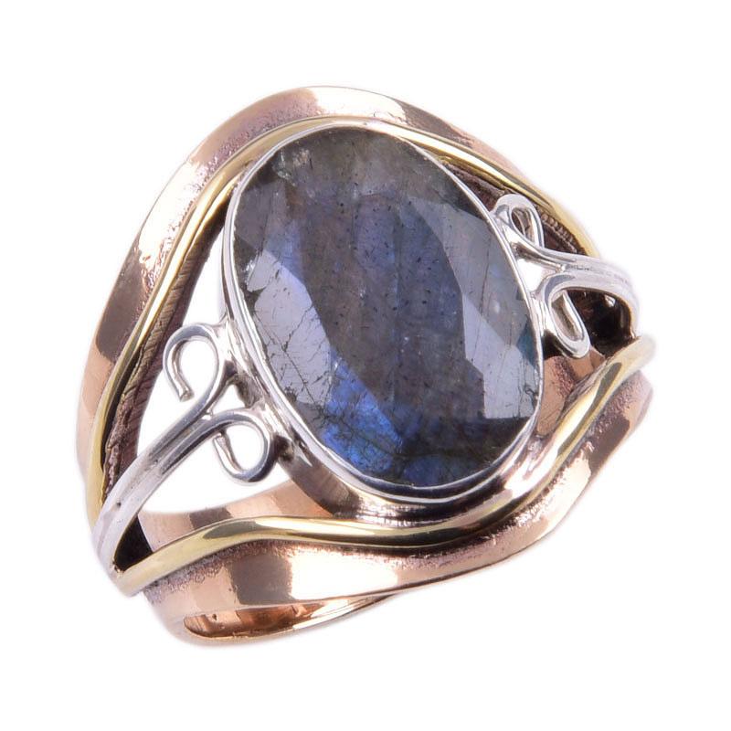 Natural Labradorite Gemstone 925 Sterling Silver TwoTone Gift Ring S.7.5 K9y23