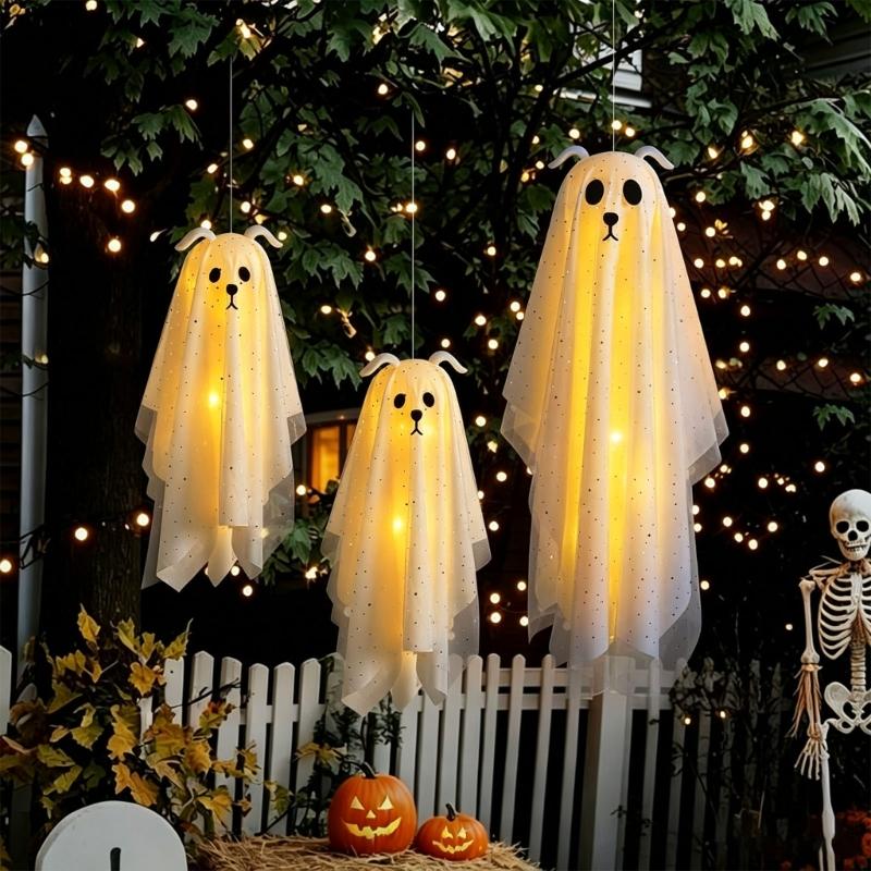 Lighted Halloween Figure for Porches and Entryways, White Draped Suspended Fabric with Remote-Controlled Light Function