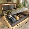 140x190 Double Bed Upholstered Bed with Slatted Frame, LED & Bed Drawer, Hydraulic, Linen Grey & Walnut, Without Mattress