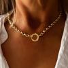 Simple Stainless Steel Round Hollow Pendant Necklace for Women Unique Metal Cuban Chain Clavicle Chain Fashion Party Jewelry