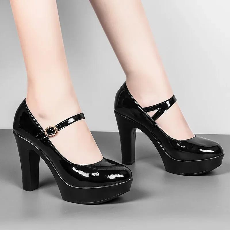 Small Size 32-43 Elegant Patent Leather Block High Heels Shoes Women Mary Janes 2025 Spring Platform Pumps Office Party Model