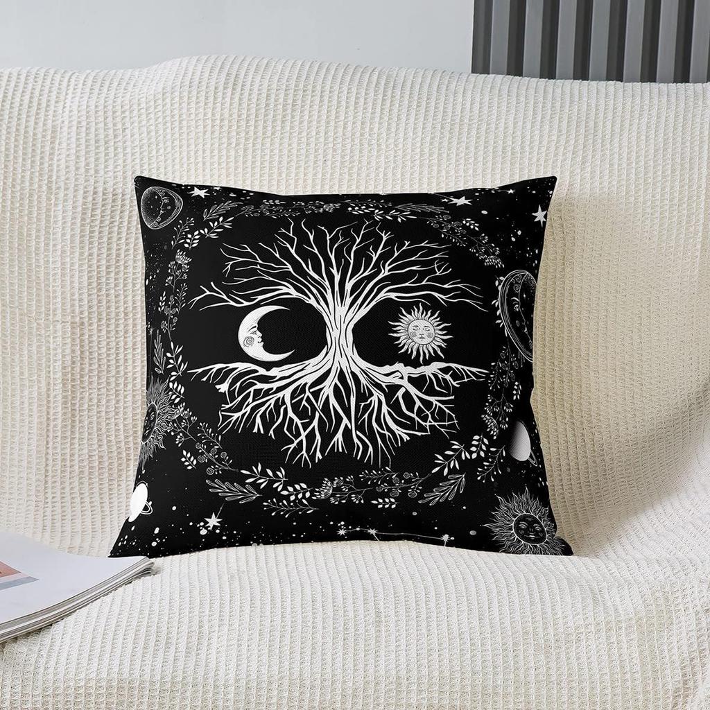 Set of 2 Tree Of Life Throw Pillow Covers 18x18 Sun And Moon Pillow Covers Kids Teens Bedroom Decor Black And White Cushion Covers Gothic Bohemian