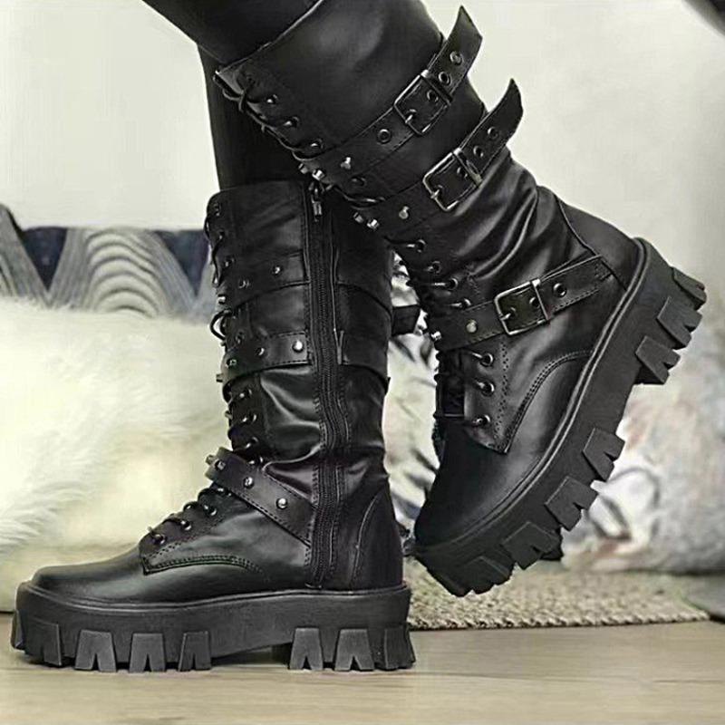 Fashion Women Boots Fashion Punk Platform Women Boots Handsome Knight Motorcycle Boot Side Zipper Chunky Boot Plus Size35-43 Botas Mujer