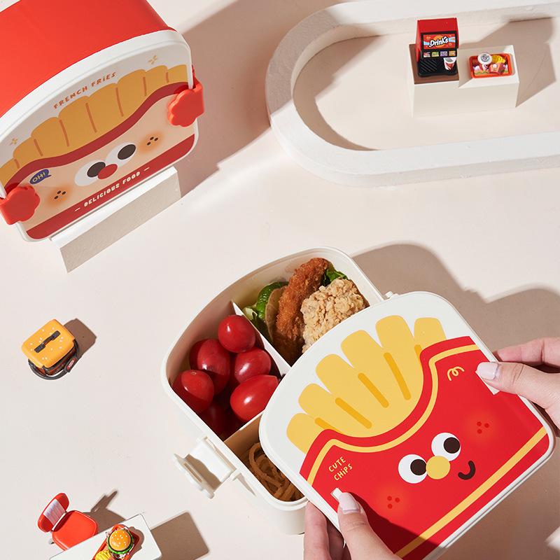 Leak-Proof Cartoon Bento Box with Creative French Fries, Fried Chicken, and Rice – Microwaveable Lunch Box for Students and Office Workers