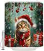 Christmas Shower Curtain Cute Cat Red Xmas Ball Snowy Pine Tree Leaves Snowflake Snow Winter Forest Nature Scene Funny