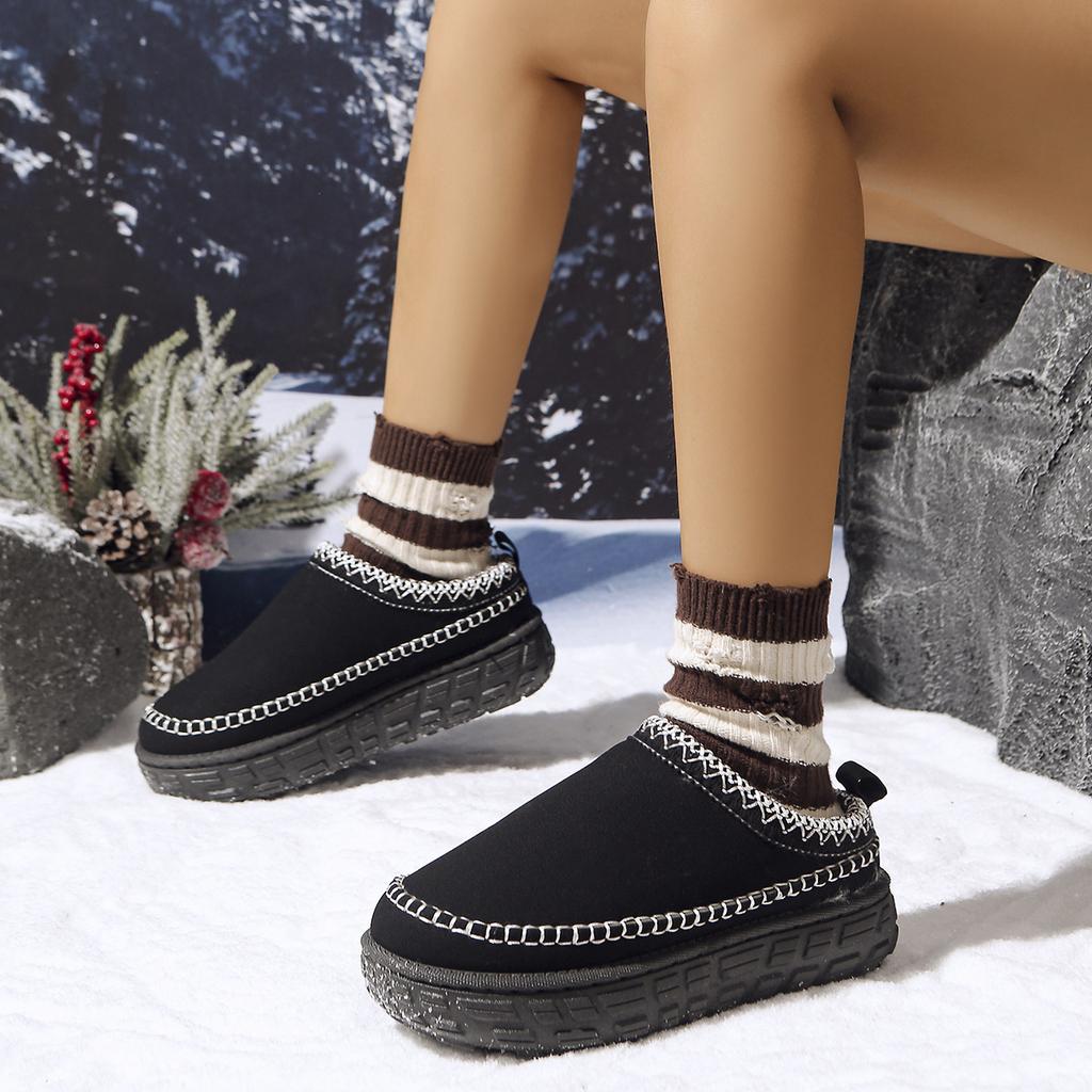 2025 Winter Platform Cotton Slippers Women's Plus Size Muffins Fleece Warm Lace Lazy Toe Slippers