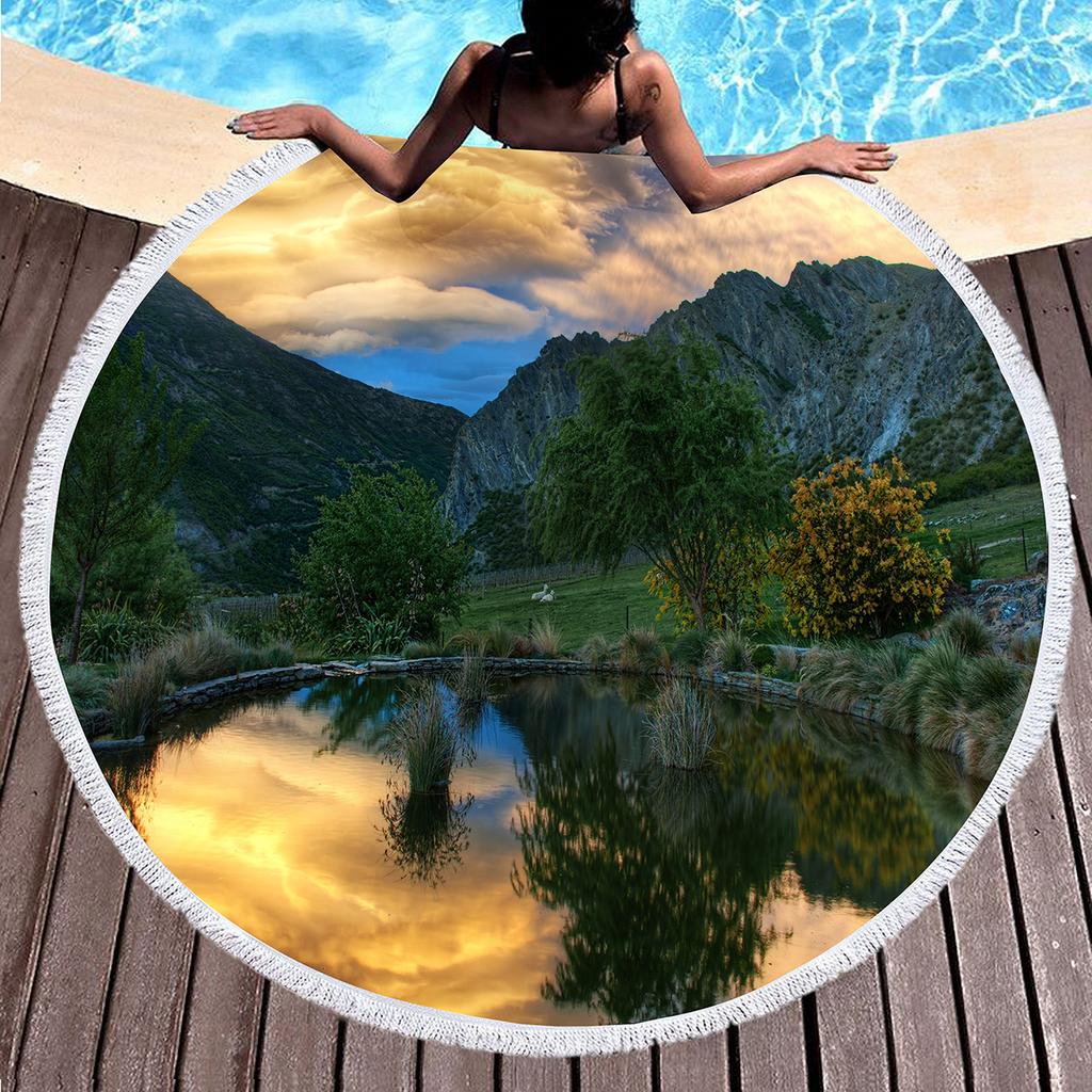 Round Beach Towel,Beautiful Landscape Printing Polyester Sand Resistant Beach Blanket,Absorbent Quick Dry Pool Towel Picnic Mat