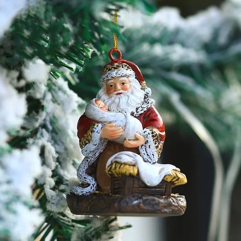 Christmas Party Decoration Hanging Ornaments Resin Hugging Santa Claus Figurines Mini Santa Pendant Xmas Tree Home Decor Supplie