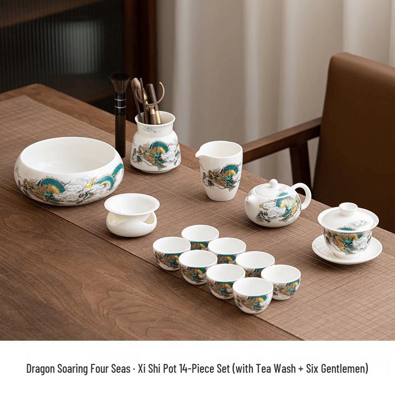 Chaxun Dragon Motif Ceramic Xishi Tea Set (14-Piece)