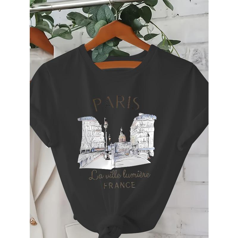 T-shirt Imprimé Paris Taille Européenne, Haut Décontracté à Manches Courtes et Col Rond pour l'Été et le Printemps, Vêtements pour Femmes