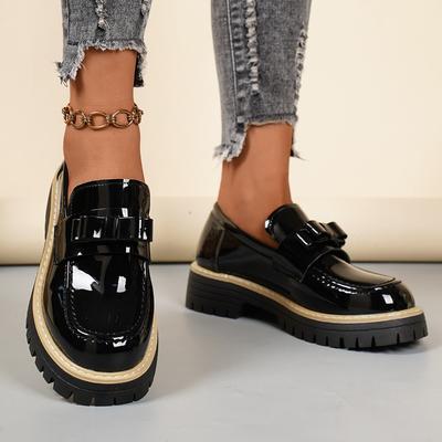 Women's Black Loafers Women's Thick Heel Chain Single Shoes Round Head Versatile High Heel Small Leather Shoes Autumn New Style