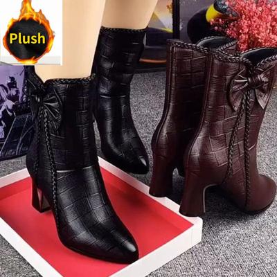 Kurze Damenstiefel Herbst und Winter Leder Short Barrel Mid-Barrel Mid-Heel Fleece-Stiefel