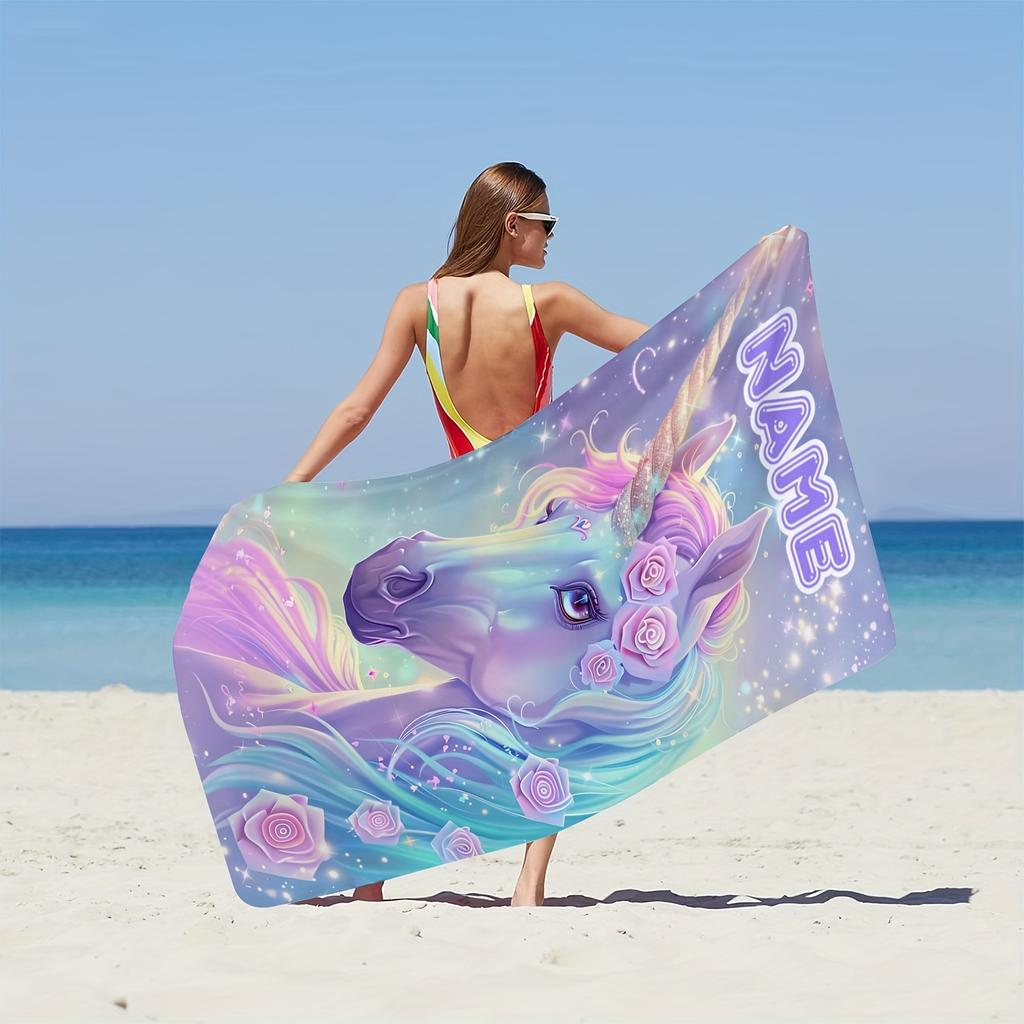 Custom Unicorn Beach Towel Personalized Name Fantasy Rose Microfiber Bath Towels Soft Quick Dry Swimming Pool Lounger All Season