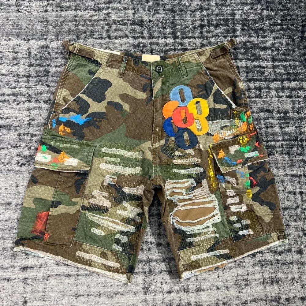 ZYLLO Summer Fashion Camouflage Splicing Leather Letter Washed Retro Knee Jeans Men Women Shorts