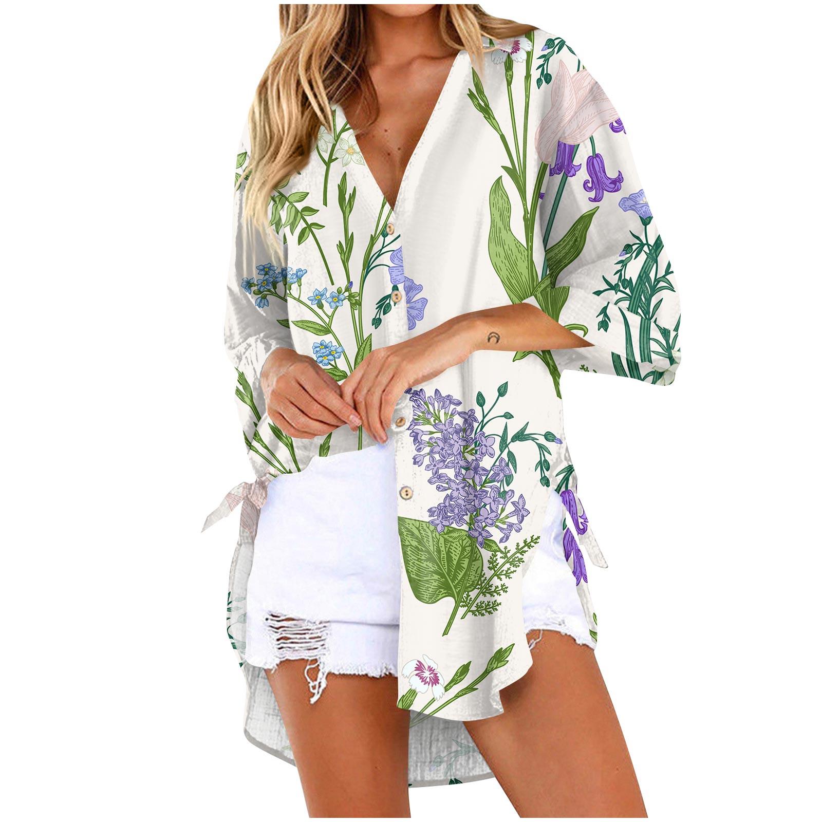 Women s Summer Casual Loose Fitting 7/4 Sleeve Personalized  Printed Top Linen Shirt XL