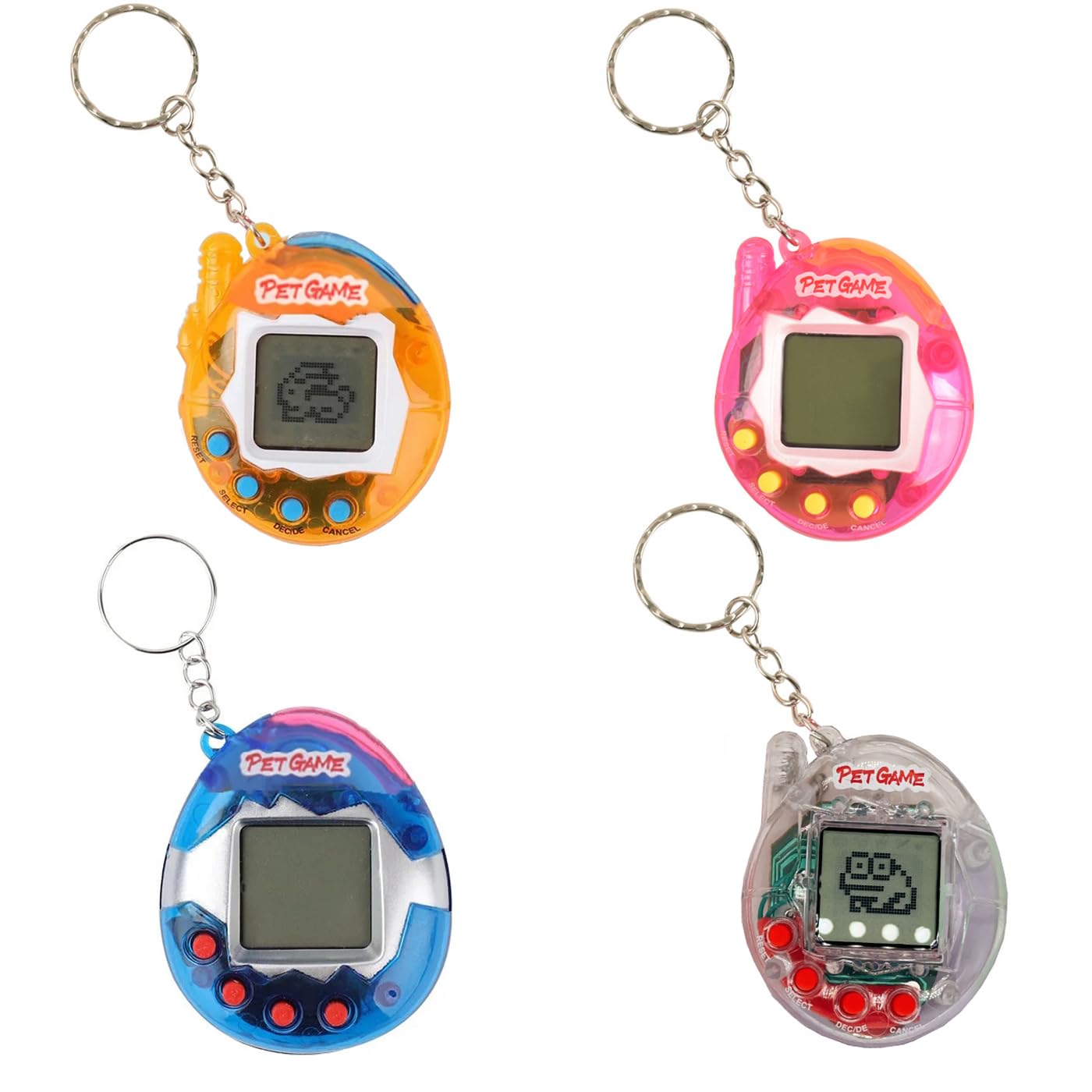 4 Pieces Virtual Electronic Digital Pets Keychains Nostalgic 168 Giga Pets in One Virtual Cyber Digital Nostalgic Handheld Electronic Toys for Kids Transparent color version
