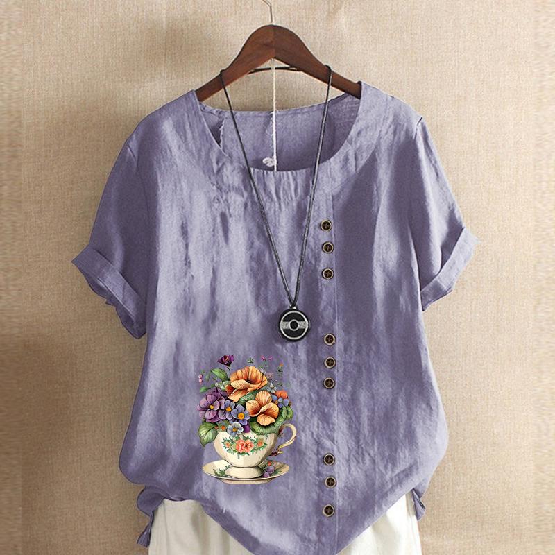 Women's Fashion Flower Prined Short Sleeve T-shirt Loose Cotton Shirt Casual Loose Summer Blouse Tops Plus Size