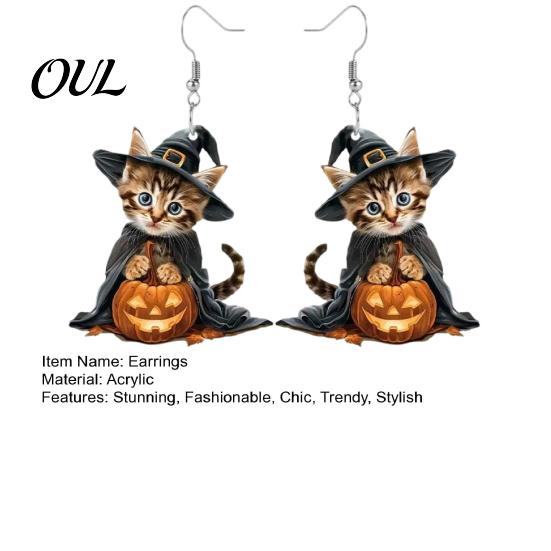 Curved Ear Hooks 1 Pair Halloween Witch Cat Earrings for Women, Acrylic Cute Anti-rust Metal Kitten Dangle Drop with Pumpkin, Party Costume
