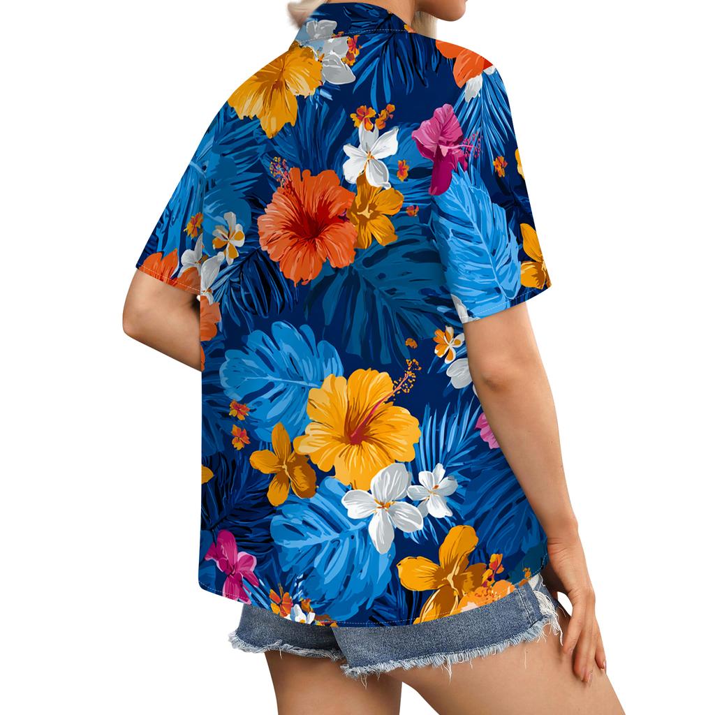 Women's fashionable casual Hawaiian print short-sleeved button-down collar shirt top