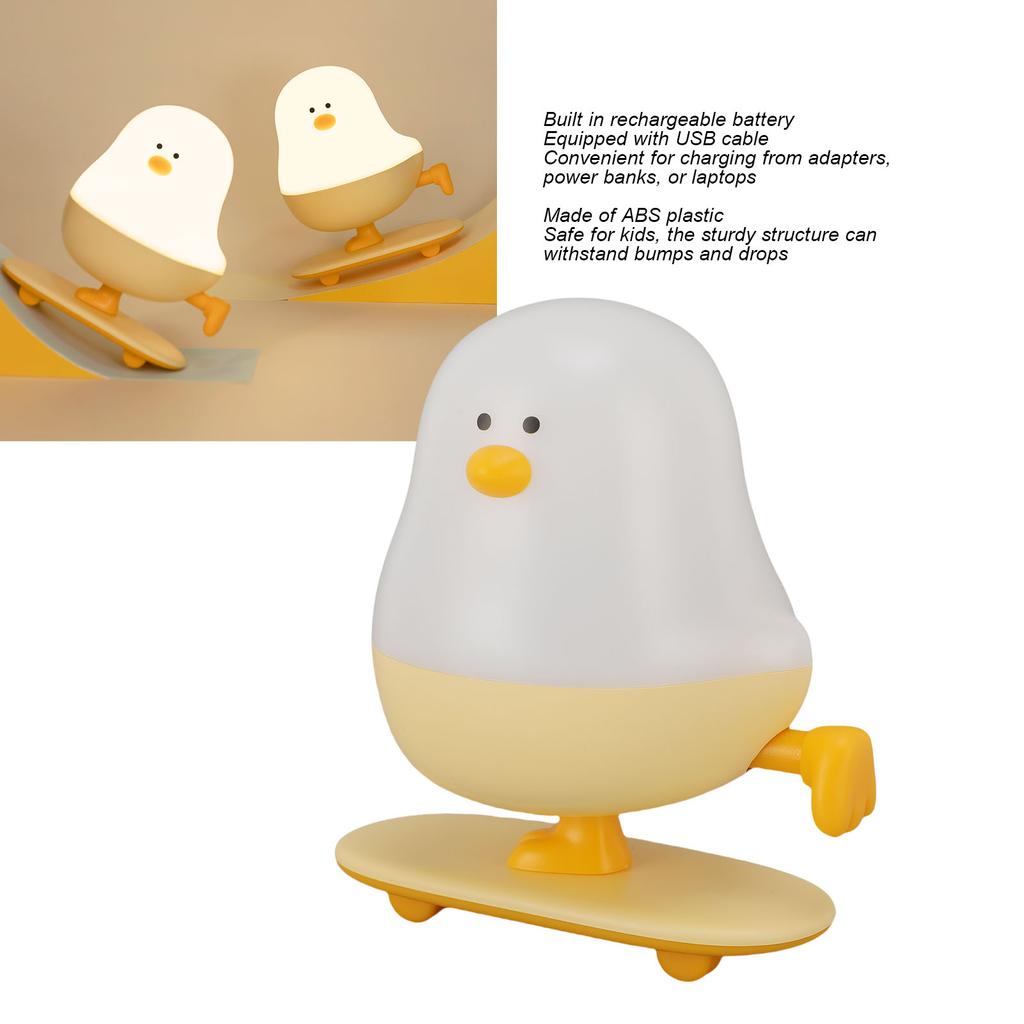 Cute Skateboard Chicken Night Light Warm White Stepless Dimmable USB Rechargeable LED Bedside Lamp for Bedroom