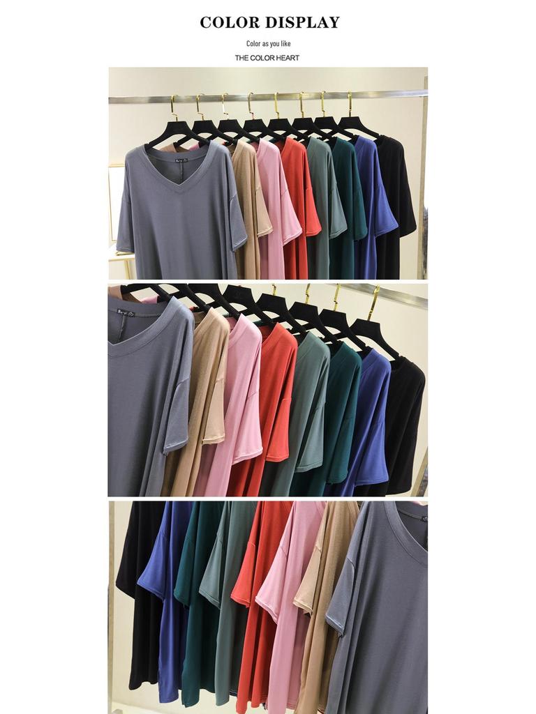 Koreanischer Stil Damen Übergröße V-Ausschnitt Sommer T-Shirt - Kurzarm, Schlankmachend, Vielseitiges Einfarbiges Modal-Top