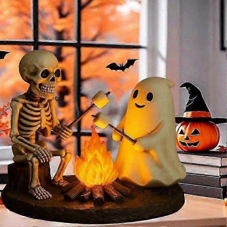 Skeleton and Ghost Bonfire Night Lamp, Halloween Ghost Skeleton Campfire Night Light, LED Ambience Nightlight Decorations for Desktop Bedside Living R