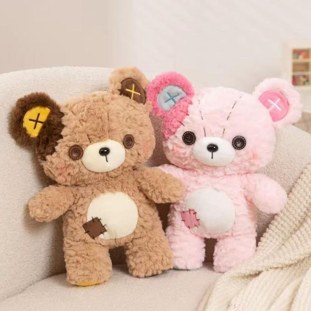 Soft Bear Plush Toy Patchwork Bear Stuffed Doll Kawaii Button Bear Plush Doll Birthday Gifts