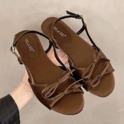 Modne Damskie Buty 2025 Moda Płytkie Codzienne Damskie Sandały Lato Kokarda Plus Size Nowe Odkryte Palce Pasek z Klamrą Płaskie Sandały