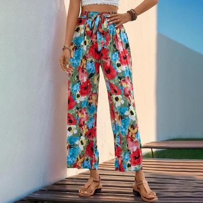 Women's Fashion Casual Summer Spring Solid Color Print High Waist Trousers Pants & Capris