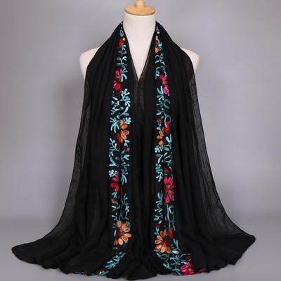 Autumn Fashion Embroider Viscose Scarf Women Plain Stitch Cotton Scarves Shawl Navy Blue Flower Sjaal Muslim Hijab Foulards