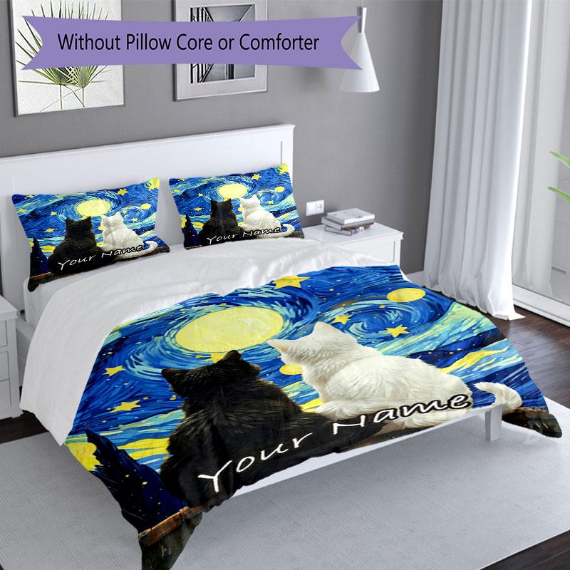 3PC Custom Name Night Sky Cats Bedding Set Printed Bedding Set Duvet Cover Closure Includes 1 Duvet Cover & 2 Pillowcases for All Seasons Bedroom