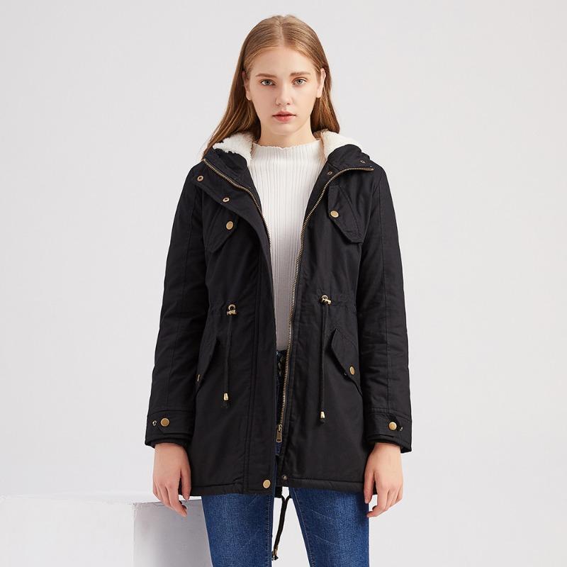European Size Autumn and Winter New Women's Cotton Coat Women's Solid Color Hooded Parka Coat Thick Cotton Coat Fleece-lined Cotton Coat