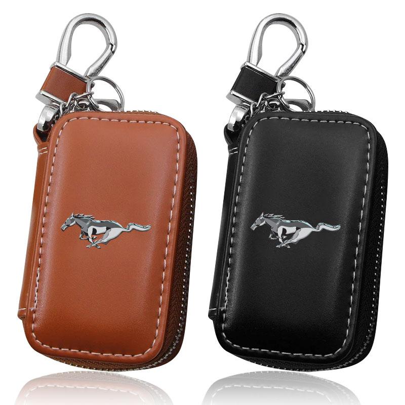 Leather Emblem Car Key Case Keychain Zipper Key Case Bag Car Accessories For Ford Mustang Explorer Focus Shelby GT350 Kuga Fusion F-150 500