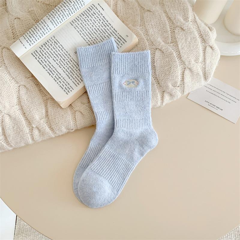 Warm Plush Soft And Waxy Thickened Embroidered Bow Wool Socks Korean Sweet Pile Socks
