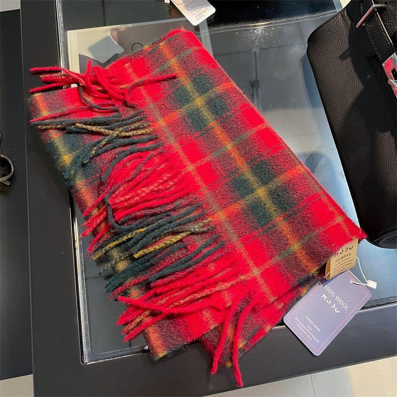 

Женский зимний шарф из чистой шерсти, новый классический шотландский красный клетчатый шерстяной теплый шарф