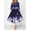 Women's Christmas Snowflake Print A-Line Dress Round Neck 3/4 Sleeve High Waist Midi Party Dress