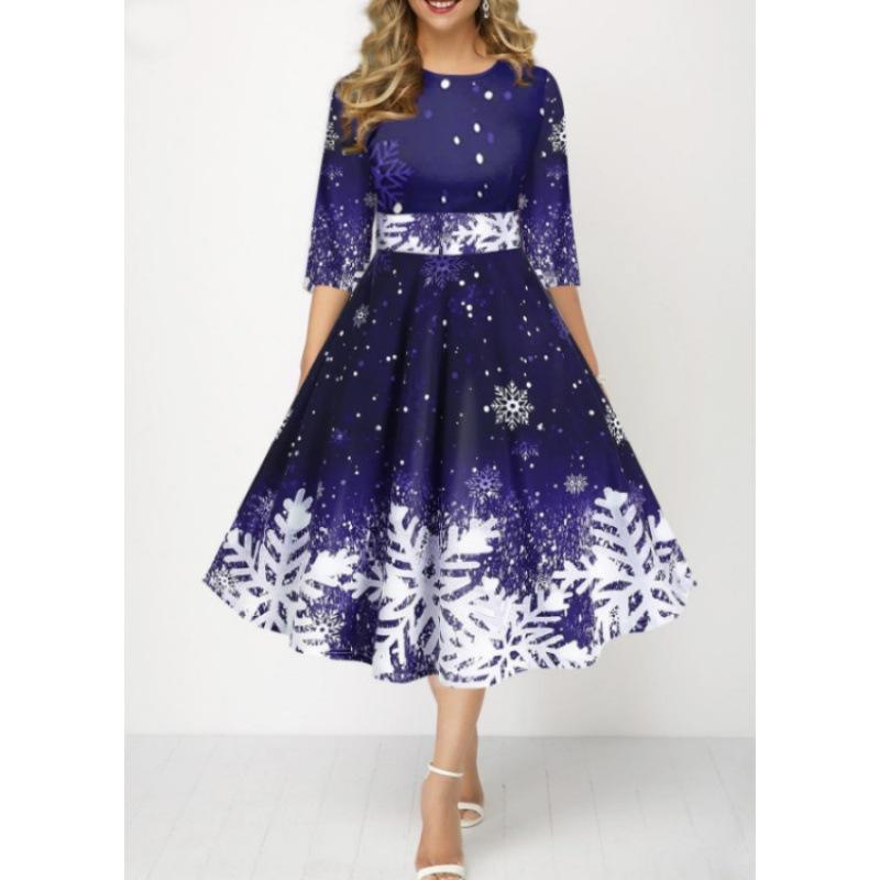 Women's Christmas Snowflake Print A-Line Dress Round Neck 3/4 Sleeve High Waist Midi Party Dress